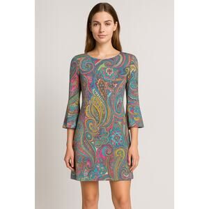 Tommy Hilfiger Paisley Bell Sleeve Dress Size 4 Multicolor Stretch NWT